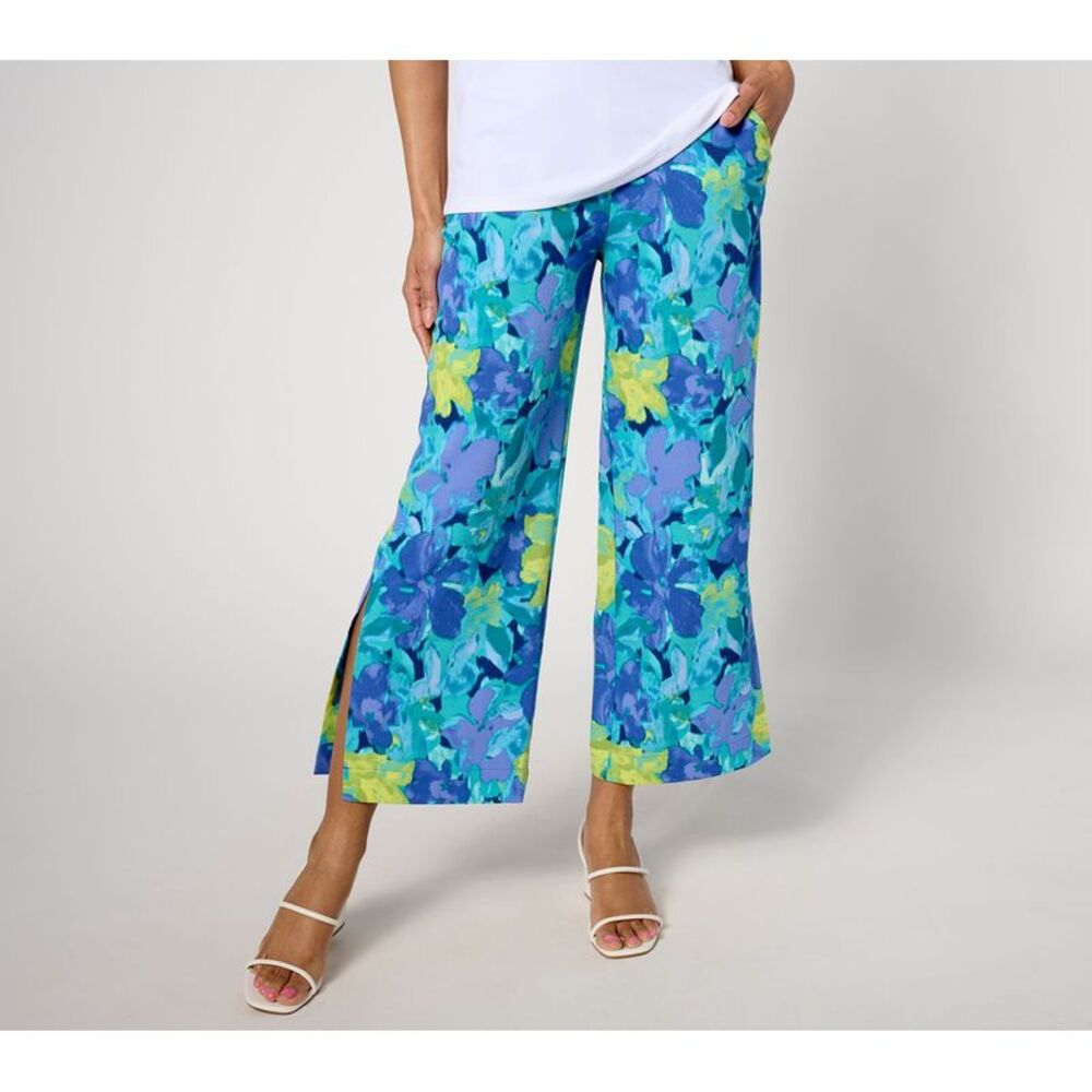 Splendid Women's Plus Sz Pants 2X Printed Crepe Wide Leg Crop Blue A644993